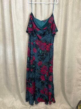 Plus Size Women's Floral Teal Ruffled Cold Shoulder Strappy Dress
